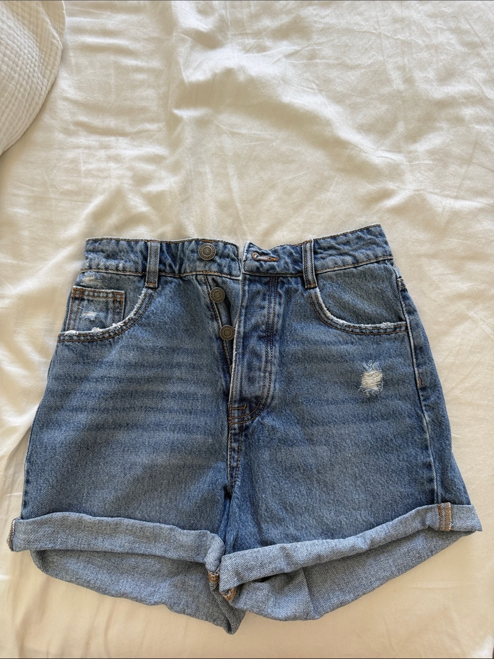 stradivarius Medium Blue High-Waist Cuffed Denim Shorts